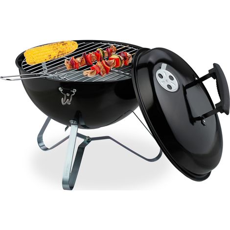 Relaxdays Portable Kettle Barbecue, Ø 37 cm, Round Charcoal Grill, for Picnics, Garden & Park, BBQ with Lid, Black