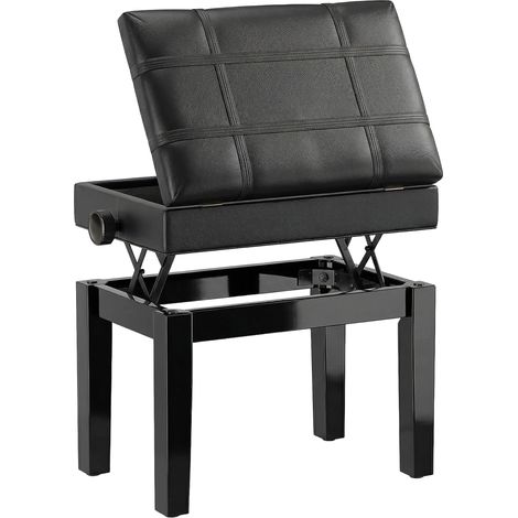 Banquette piano réglable avec coffre de rangement intégré, tabouret en bois hévéa, assise similicuir noir. (1/5)