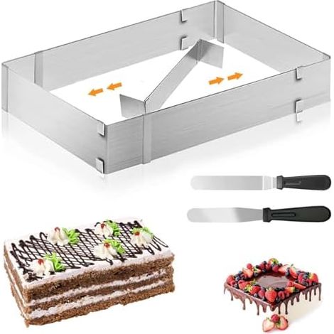 Backrahmen Rechteckig Verstellbar mit Teiler, Tortenring für Backblech, Spatel für Kuchen, Torten, Pizza Backen und Party Dekorieren
