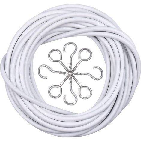 Cavo in acciaio rivestito in plastica bianca, lungo 10 m, per tende, con 50 ganci a vite e ganci a vite per bastoni per tende. (1/5)