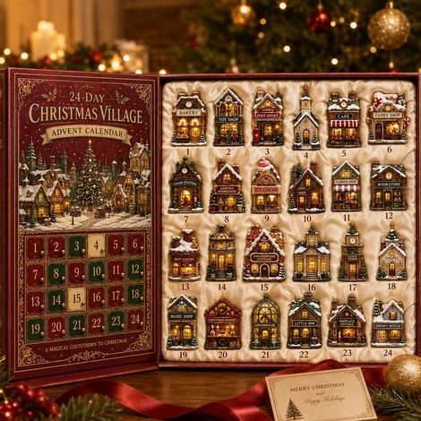 Boîte mystère de Noël avec village festif modèle B dans boîte rouge, figurine décorative surprise pour sapin, maison et fête (1/4)
