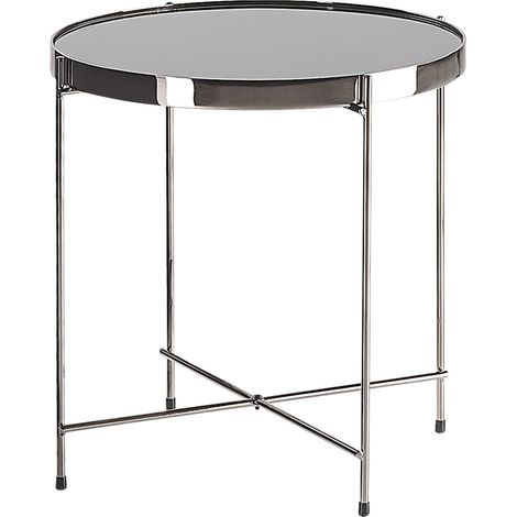 Mesa auxiliar con tapa de vidrio templado negro y patas de metal plateado redonda estilo glamour Lucea (1/5)