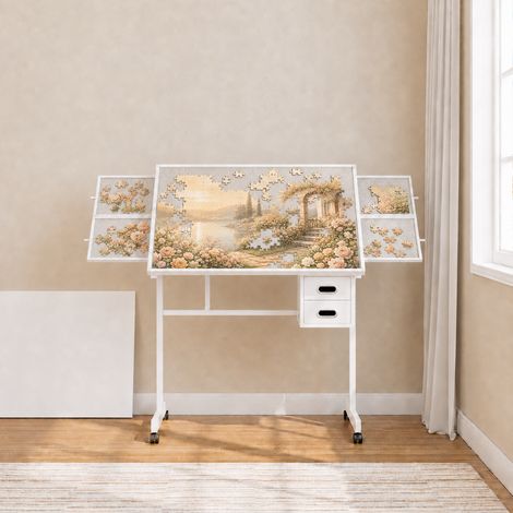Tavolo portapuzzle con 4 cassetti in feltro, piano protettivo in MDF e metallo, bianco (1/5)
