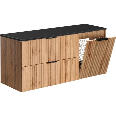 Furnidea - Meuble suspendu sous vasque ADEL CHÊNE 120 cm avec panier à linge et plan noir - 2 tiroirs - Façades rainurées (1/5)