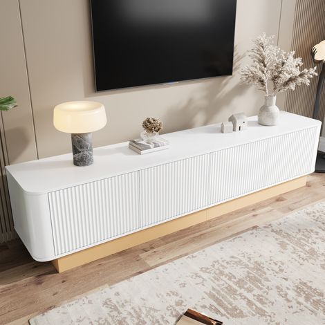 Meuble TV blanc bas 200x40x47.5cm, 4 portes + compartiments réglables + coins arrondis + gestion câbles (1/5)