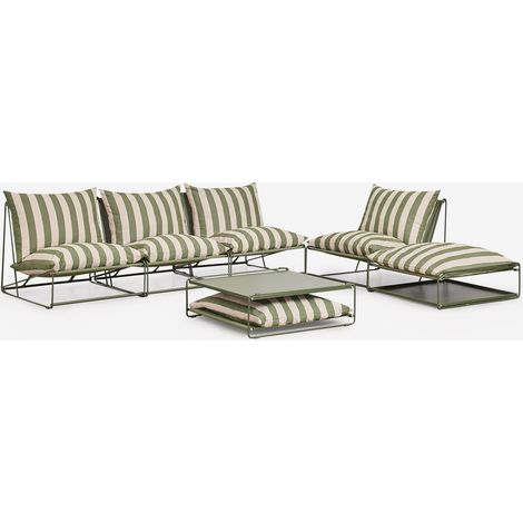 Ensemble de jardin avec canapé modulaire 3 pièces, fauteuil, table d'appoint et pouf convertibles Amaro SKLUM Beige Tapioca - Vert olive intense (1/5)