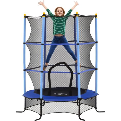 Kindertrampolin mit Sicherheitsnetz, Durchmesser 163 cm, für den Innen- und Außenbereich, Tragfähigkeit 50 kg, Stahl und blauer Kunststoff.