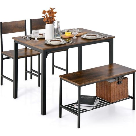 COSWAY Juego de Mesa y Silla de Comedor de 4 Piezas, Mesa de Reunión Industrial con 2 Sillas y 1 Banco, Juego de Cocina con Marco de Metal y Estante, Moderno y Funcional para Trabajar (1/5)