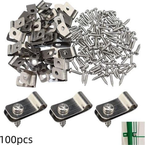 100 morsetti per gabbie in filo di acciaio inox, clip di fissaggio, morsetti per recinzioni con 100 viti per gabbie per animali e recinzioni in filo metallico, recinzioni in metallo e legno, argento (1/5)