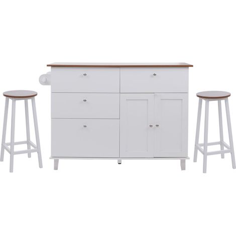 Îlot de cuisine avec 2 tabourets meuble de rangement avec 4 tiroirs et 2 portes 90x131x47 cm blanc et bois clair 040008793 (1/5)