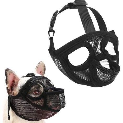 Muselière pour bouledogue, muselière pour chien à museau court, muselière en maille avec passage pour la langue, muselière plate pour chien (noire) (1/5)