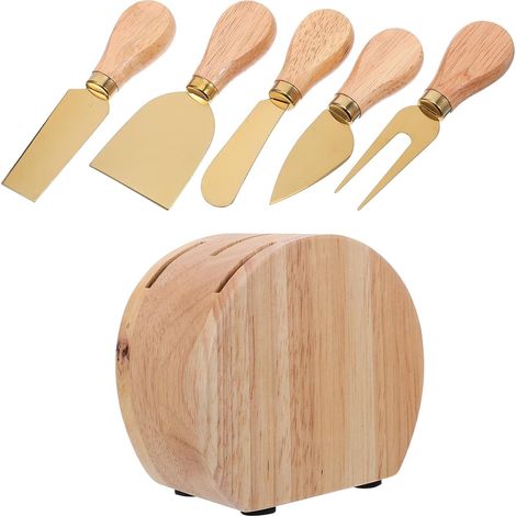 Ensemble 5 ustensiles fromage inox manche bois + support chêne : couteaux, fourchette, spatule plateau (1/5)