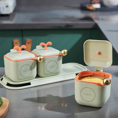 Boîte À Épices - Lot De 3 Bocaux À Épices Avec Couvercle Et Cuillère - Plateau Organisateur Pour Comptoir De Cuisine - Vert - 3 Pièces (1/5)