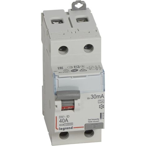 Interrupteur différentiel DX³-ID arrivée haute et départ bas à vis - 2P 230V 40A typeA 30mA - 2 modules - 411555 - LEGRAND