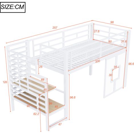 Cadre de lit superposé en métal 90x200 cm, blanc, avec échelle, rangement intégré, éclairage LED et fenêtres, structure robuste pour chambre (1/5)