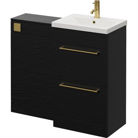 Napoli 390 Nero Oak 1000mm 2 Drawer Vanity Unit Toilet Suite with Glide Basin - 1000mm - Brushed Brass 320mm HandleWithout Kingston Toilet Pan