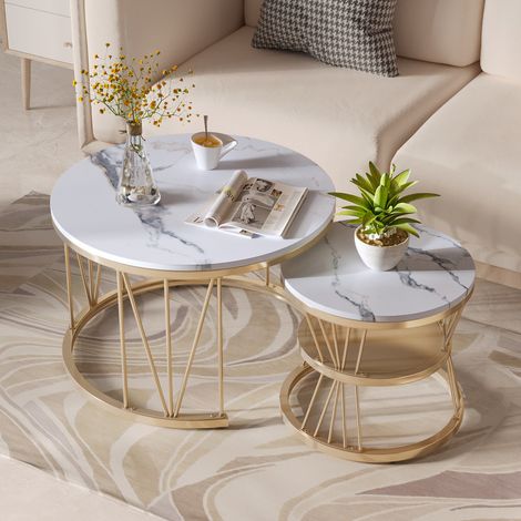 Table Basse Gigogne, Ensemble de 2 tables basses rondes modernes effet marbre avec pieds en métal, table basse ronde idéales pour le salon, la chambre à coucher et balcon, Pieds de table en V,Blanc et (1/5)