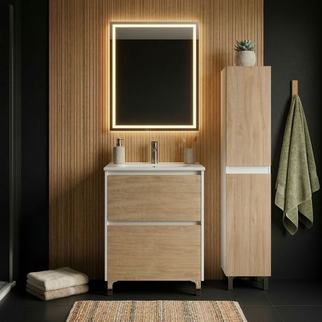 Ensemble meuble vasque L.60cm + 1 colonne sur pied Blanc laqué 2 tiroirs Chêne naturel LISBONA (1/5)
