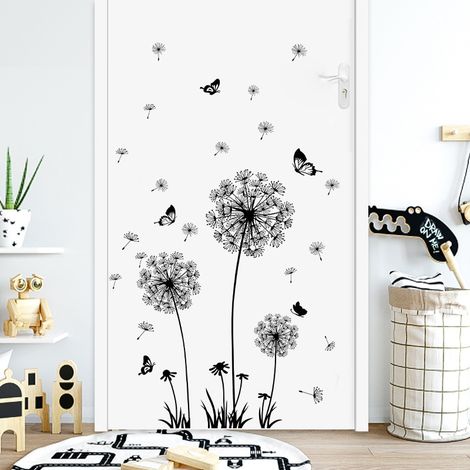 Sticker mural pissenlit noir, idéal pour la décoration murale, grand sticker en forme de fleur de pissenlit (1/5)