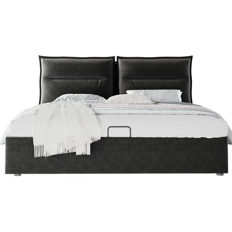 Cama canapé 140x200 cm en terciopelo negro con cabecero regulable y estructura metálica HOMVRA (1/5)
