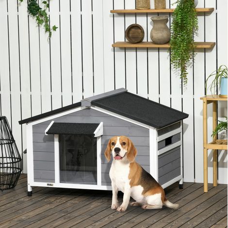 Niche pour chien 109x79x72 cm en bois gris, toit ouvrant moderne pour jardin FloraGrace (1/5)