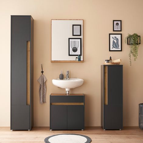Badmöbel Set 4-teilig mit Waschtischunterschrank 60cm, in Anthrazit mit Eiche - CRISP-61 (1/5)
