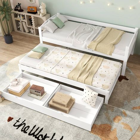 Lit simple 90x200 cm blanc avec lit gigogne à roulettes et 2 tiroirs mdf, cadre en bois (1/5)