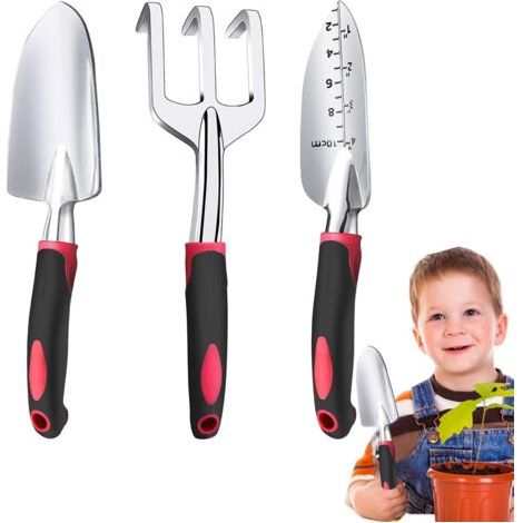 Kit d'outils de jardinage - 3 pièces - Outils de jardinage antidérapants - Fournitures de plantation - Truelle à main, râteau à main pour cultivateur, truelle de transplantation pour fleurs en pot (1/5)