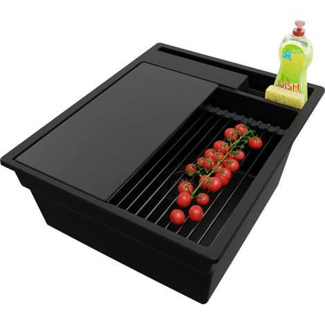 PRIMAGRAN Evier Cuisine en Granit 43x53cm,Lavabo 1 bac + Kit de Vidage + Accessoires, Évier à Encastrer au meuble 45cm - Oslo Pocket, Tout Noir (1/5)