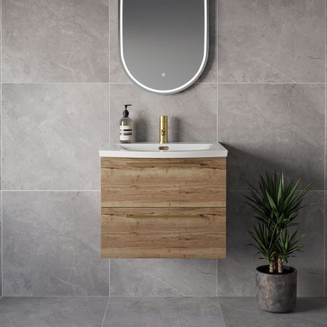 Napoli 390 Tobacco Oak 600mm Wall Mounted 2 Drawer Vanity Unit with Arc Basin - 600mm - Brushed Brass 320mm Handle