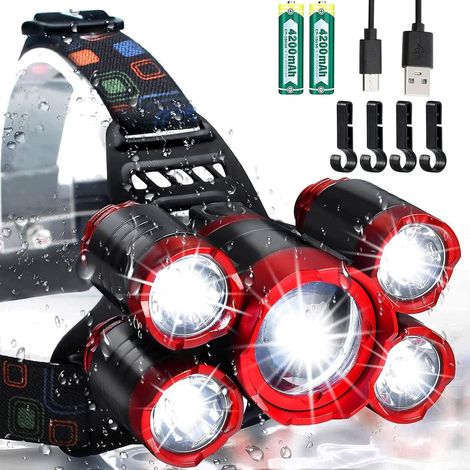 Lampe frontale rechargeable par USB 12 000 lumens ultra lumineuse LED 4 modes étanche pour adultes, camping, extérieur et casque de sécurité - Lampe frontale zoomable (rouge) (1/5)