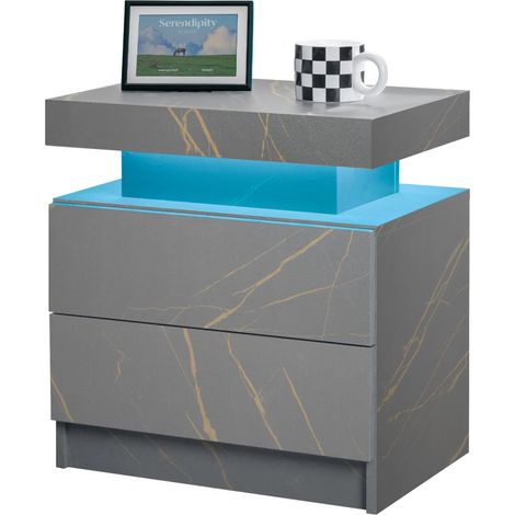 Table de chevet moderne gris doré 50x53x36cm, éclairage LED intégré et 2 tiroirs pour chambre à coucher (1/5)