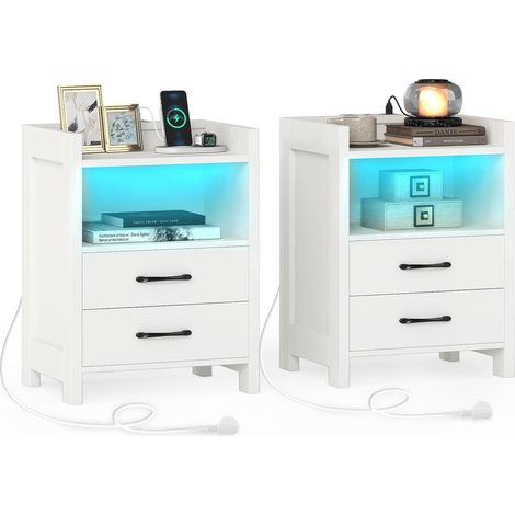 COSTWAY Table de Chevet avec Prise Lot de 2, Table de Nuit LED 16 Couleurs, 2 Prises, Port USB, Type-C, 2 Tiroirs, Étagère Ouverte, Chevet de Lit Connectée pour Chambre, Salon (2,Blanc) (1/5)