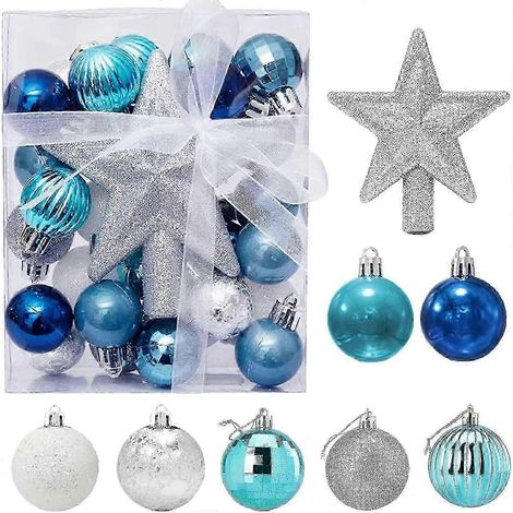 Lot de 30 mini boules de Noël avec crochet, petites boules de Noël bleues et argentées de 3 cm, décorations de table pour sapin de Noël (1/5)