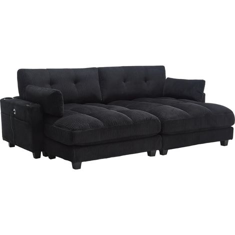 Sillón Lounge con Reposacabezas Ajustable, Portavasos, Bolsillo Lateral y USB, en Pana Negra (1/5)