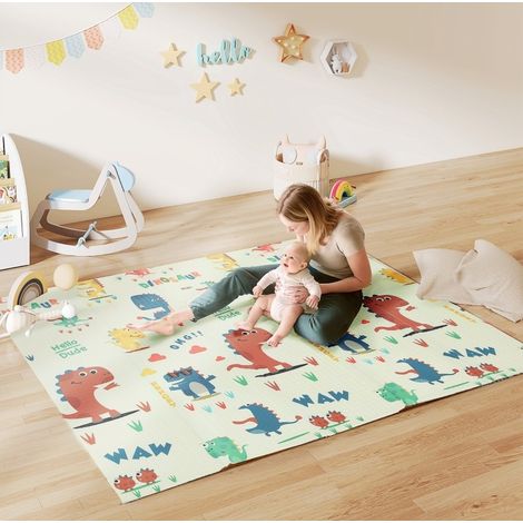 Tapis d'éveil bébé pliable et réversible 196 x 176 x 1,5 cm, motifs dinosaures multicolores OKMYHOME (1/5)