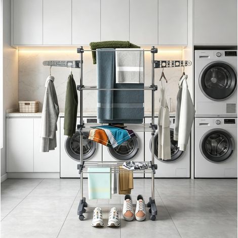 Stendibiancheria pieghevole a 4 livelli con ruote bloccabili e ali laterali, in acciaio inox e ABS grigio, per bagno e balcone, salvaspazio – FLORAGRACE (1/5)