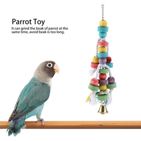 Jouets colorés pour perroquets, jouet à mâcher suspendu en bois naturel avec clochette, accessoires pour cage (1/5)