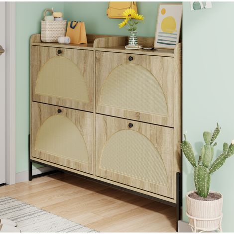 Zapatero 121x25x91.5 cm color natural en tablero de partículas con puertas de PE ratán y 4 abatibles (1/5)