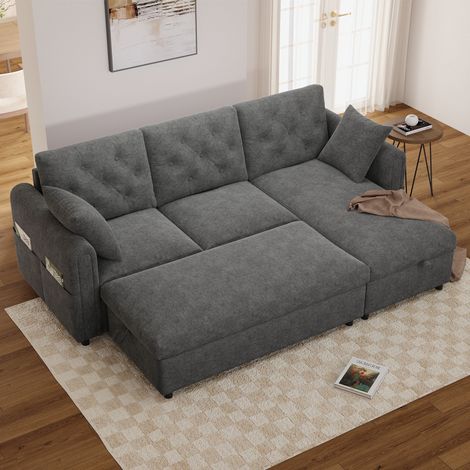 Canapé droit modulable réversible, canapé velours Gris, Méridienne et Pouf avec Coffres de Rangement - Dossier Capitonné - Peut servir de canapé-lit (1/4)