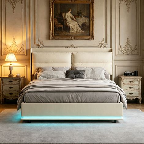 Lit coffre 160x200 cm, tête de lit velours avec charge sans fil, USB/Type-C, Lit double hydraulique avec LED ambiance, dossier zippé (1/5)