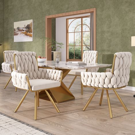 Samt Esszimmerstuhl 4er-Set drehbar mit Armlehnen Beige OKMYHOME (1/5)