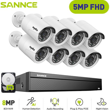 SANNCE 5MP Kit caméra de vidéosurveillance,Outdoor 4K Security H.265+ PoE NVR Video 16CH Audio Video Surveillance System 8Camera - 1TB HDD (1/5)