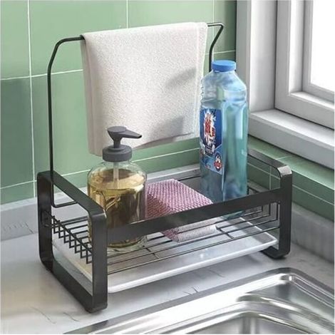 Stainless Steel Sink Sponge Holder with Towel Rack, Removable Panel for Storing Dish Brushes, Dish Sponges and Dishwashing Liquid (Black, Large)