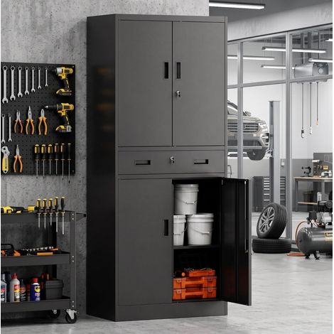 Armoire à outils 75×40×180 cm en acier noir, 3 zones verrouillables pour atelier – MEUBLIV (1/5)