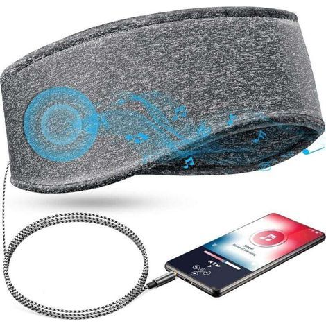 Bandeau de Sommeil Musical avec Casque, Bandeau de Voyage Élastique Doux Filaire de 3,5 mm avec Haut-parleur Fin, Casque de Musique de Sommeil Confortable (Gris) (1/5)