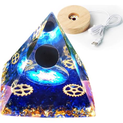 Pirámide de orgonita + base de lámpara LED, amuleto de piedras de cristal de 5 cm, 5 cm de alto x 10 pulgadas. (1/5)