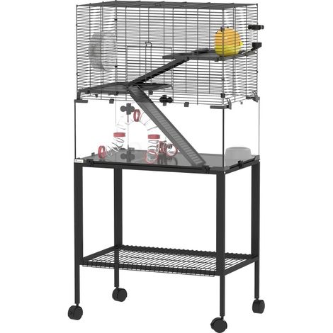 Jaula para hámster de 3 niveles con rueda, nido, estantes, rampas y accesorios, negro (1/5)