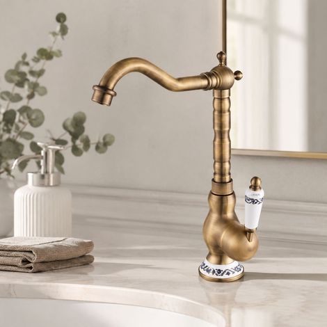 FLITI Robinet de Lavage Vintage en Laiton Brossé Bronze avec Poignée Céramique et Rotation 360° pour Cuisine et Salle de Bain (1/5)