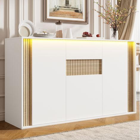 Credenza 140 x 40 x 82 cm, 3 ante, 1 cassetto, LED regolabile, bianco e legno naturale DESVIAE (1/5)